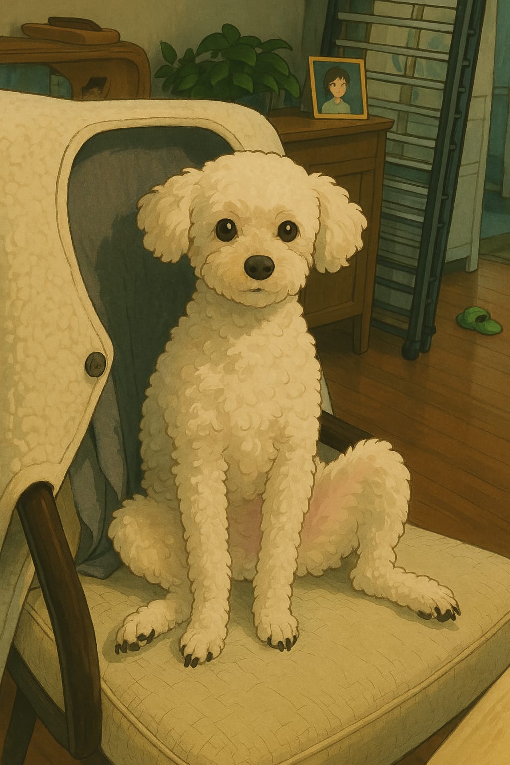 My cute dog Bori sitting on a chair transformed into a Ghibli-style